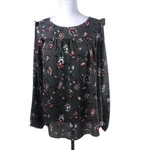 Loft Dark Gray Red Black Floral Long Sleeve Blouse with Ruffles size Medium